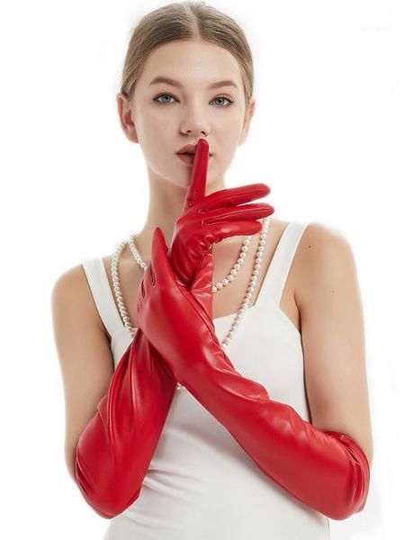 

five fingers gloves 50cm(19.7") long plain cool real sheep leather evening red1, Blue;gray