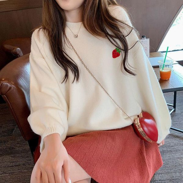 

fruit embroidery sweater women candy color pullover female round neck loose casual cute knitted autumn winter woman sweaters new, White;black