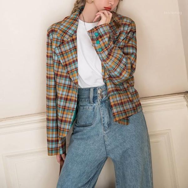 

zhisilao vintage short blazer women elegant plaid blazer coat autumn 2021 lattice long sleeve suit jacket elegant fashion1, White;black