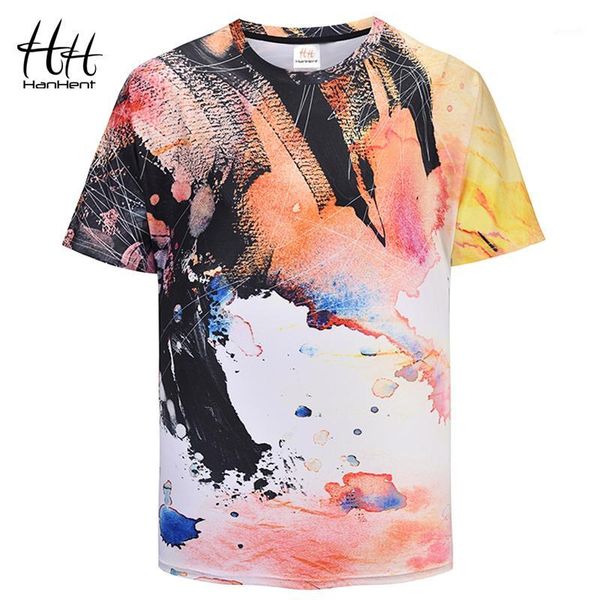 

hanhent creative watercolor 3d printing t shirt men loose short sleeve t-shirt street fashion fat shirt 2018 summer td00031, White;black