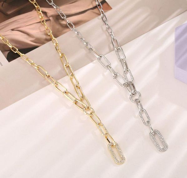 

gold silver color paper clip thick chain necklace female sweater accessories shiny rhinestone stitching clavicle wmtaum otsweet