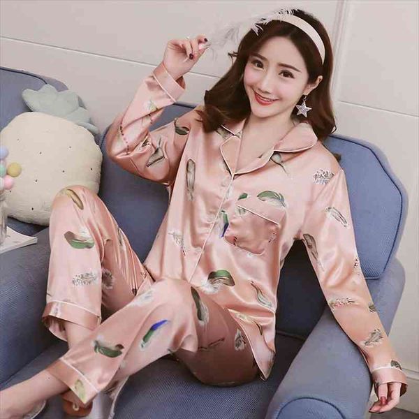 

women pajamas sleepwear set leaf print long sleeves faux silk satin pyjamas femme 2 piece pijamas women nightwear home clothes, Black;red