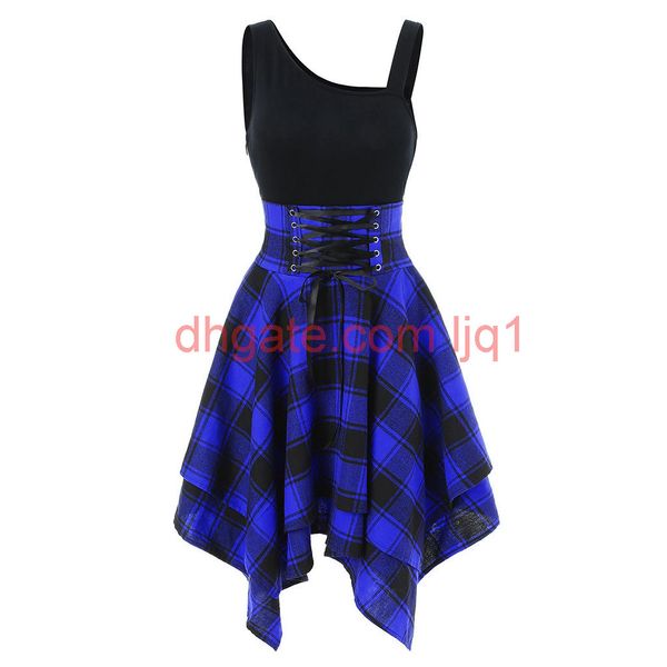 

19ss fashion womens dress womens casual dresses irregular plaid elastic belt dress 4 colors size s-2xl, Black