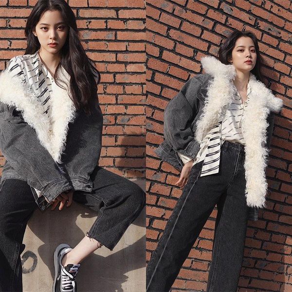 

women's down & parkas wool denim jacket korean version loose real collar school overcome short cotton clothing autumn and winter, Black