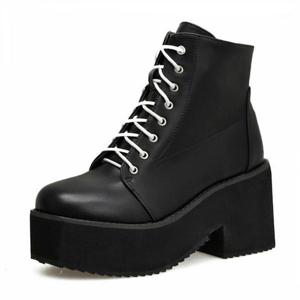 

punk high heel ankle boots fashion motorcycle boots thick-soled women's british genuine leather lace up black u7951