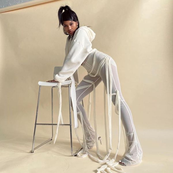 

new high waist mesh see-through capris bandage stacked pants autumn women fashion outfits trousers streetwear flare bottoms1, Black;white