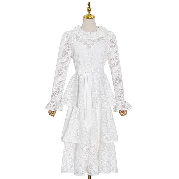 

1130 2021 runway dress brand same style dress long sleeve empire lace fashion womens dress white aicai, Black