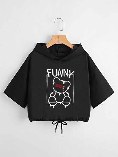 

bear and letter graphic drop shoulder drawstring hoodie f4md#, White;black