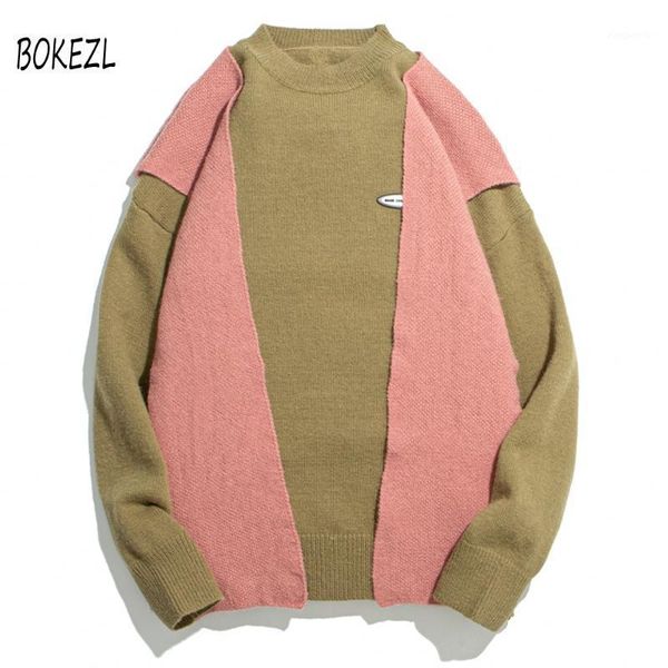

bokezl sweaters streetwear hip hop fake 2 pieces color block patchwork knitted pullover jumper fashion harajuku casual 1, White;black