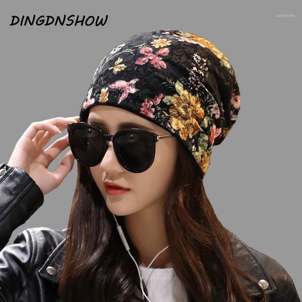 

[dingdnshow] 2020 fashion beanies hat cotton bonnet hat print flower lady winter cap warm knitted skullies for women1, Blue;gray
