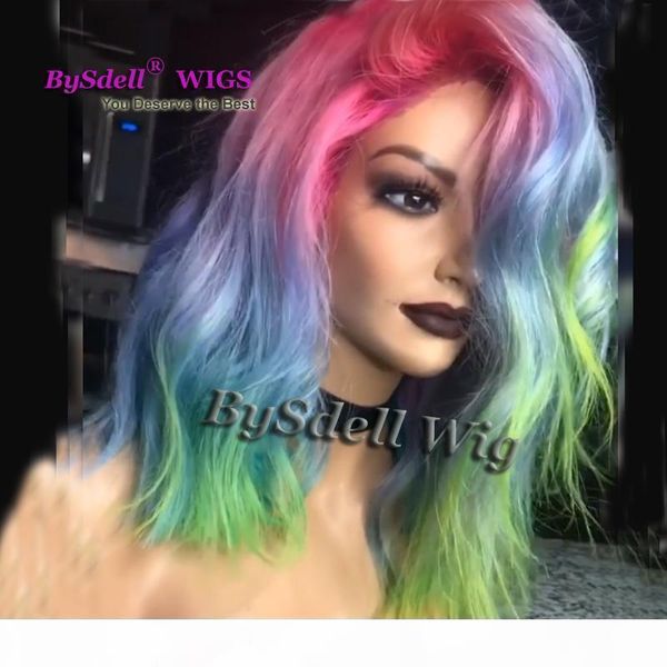 

mermaid pastel color front lace wig synthetic rainbow color hair lace front wigs red pink ombre blue green color loose curl lace wig, Black