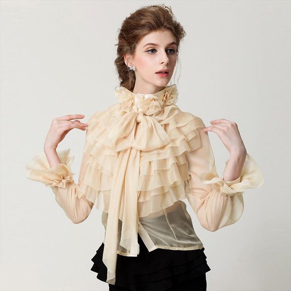 

new style womens retro palace collar lace blouses cascading ruffle shirt, long sleeve womens wear transparen, White