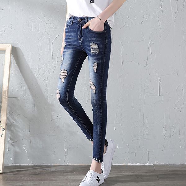 

scratched-out ankle stretch length jeans streetwear pearl beads dening pencil skinny pants big female size, Blue