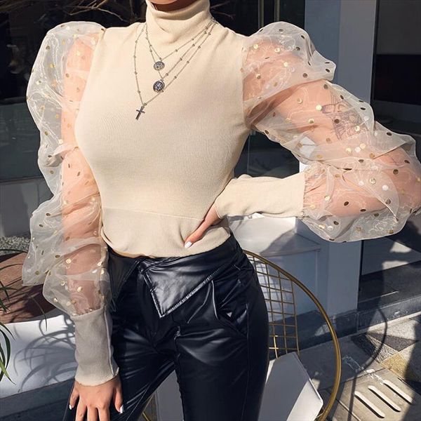 

high neck mesh puff sleeve dot blouse women patchwork cropped elegant 2020 fashion spring elastic slim ladies top, White