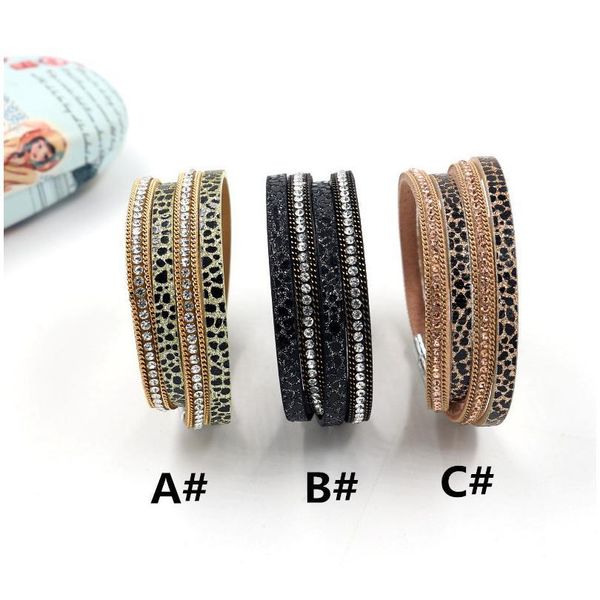 

leather stick-on crystals bracelet women's new fashion chain magnetic buckle multi-layer bracelet 3-color wholesal qylhpr