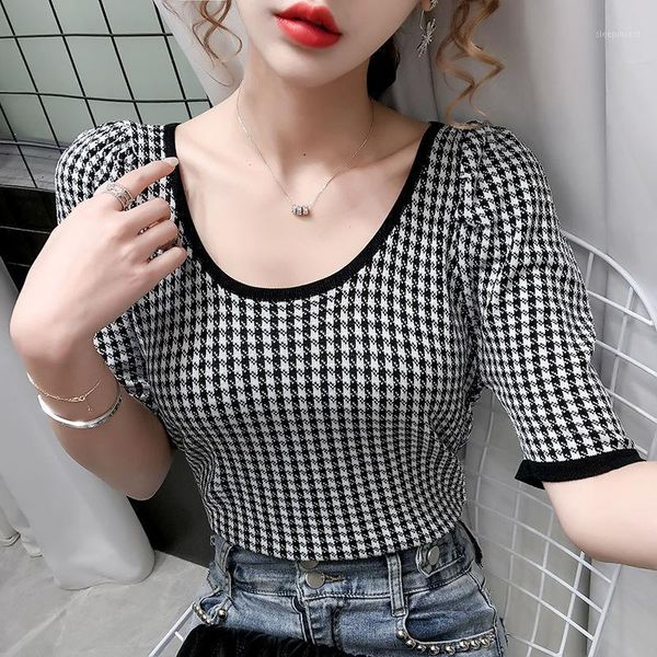 

new fashion o neck short sleeve women knit pullovers korean plaid hit color sueter mujer vintage sweet autumn elegant sweater1, White;black