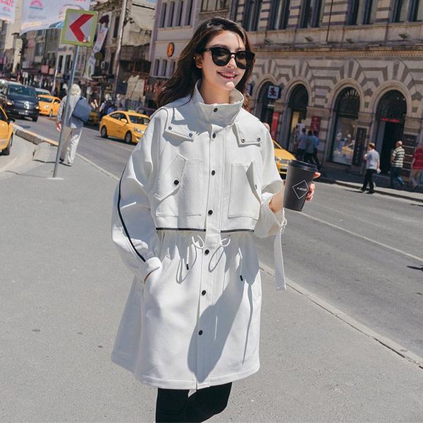 

women's trench coats women solid medium long black white female full sleeve hooded coat adjustable l2011115, Tan;black