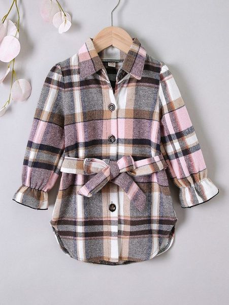 

toddler girls plaid flounce sleeve belted dress she01, Red;yellow