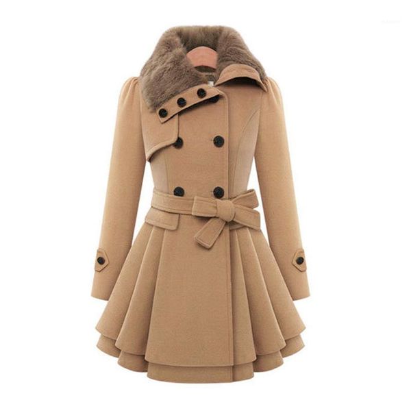 

winter coat women woolen coat long-sleeved women's slim woolen double-breasted trench ropa de mujer de invierno1, Black