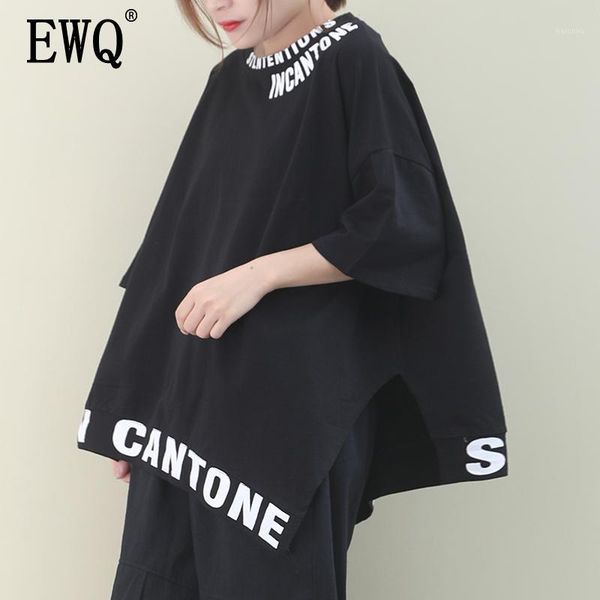 

women's t-shirt [ewq] 2021 spring summer arrivals o-neck short sleeve letter pattern women fashion casual loose irregular ay795011, White