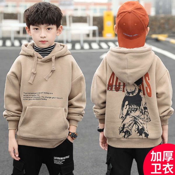 

korean boys' plush sweater winter cloth children's thickened hoodie, Black