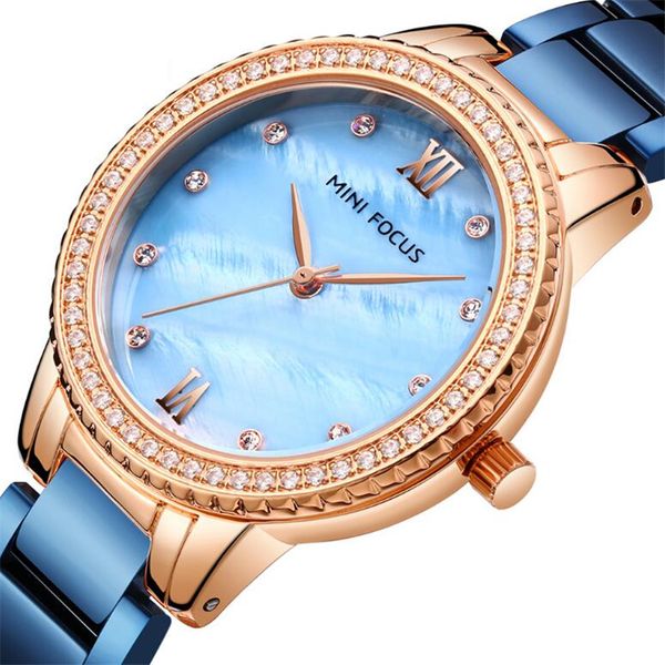 

2020 New Arrivial Quart Movement Design Wristwatches Rose Gold Blue Stainless Steel Rhinestones Watches For Women