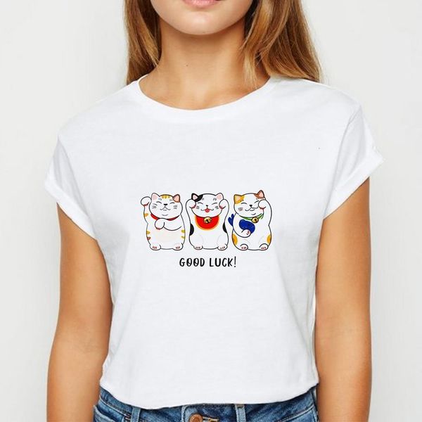 

new t shirt women good luck plutus cat tshirt prevalent spring summer tee shirt printing design vestidos round collar t-shirts, White