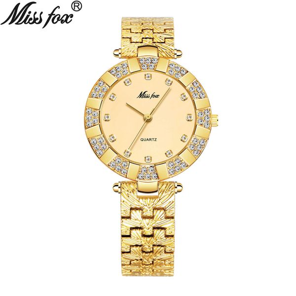 

missfox selling fine steel fashion gold diamond inlaid waterproof women's watch, Slivery;brown