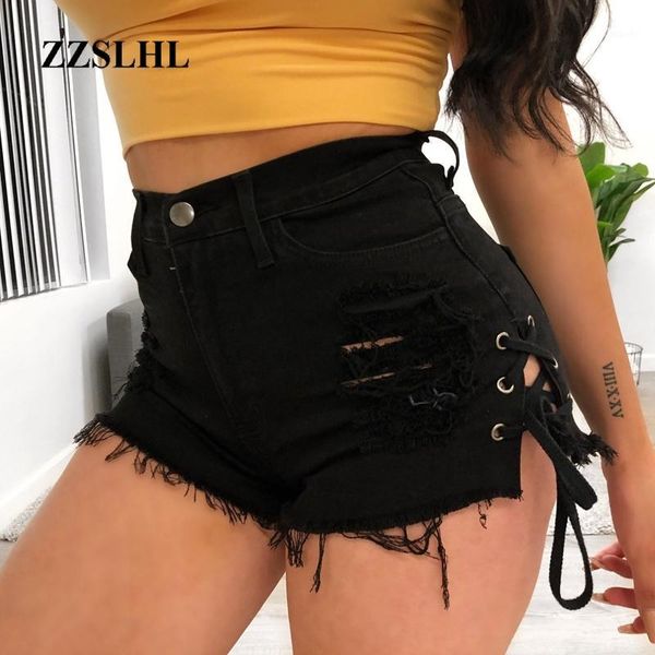 

black lace-up destroy ripped denim shorts summer high street casual jean shorts high waist pocket women hole short jeans1, White;black