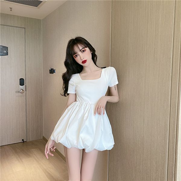 

2021 Beautiful Puffy Mini Summer Sweet New Square Turtleneck High Waist Short White Sleeves Dress Women's Clubs 3W5B, Black;gray