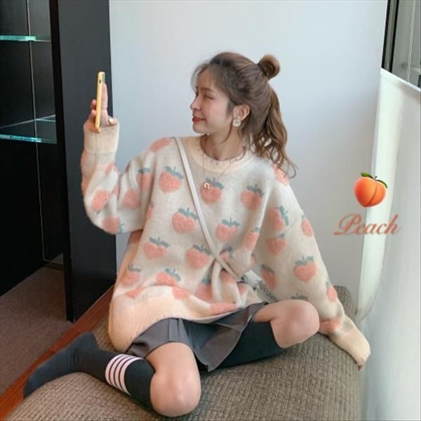 

3 color new sweet winter jumpers knit kawaii strawberry peach snowflake jacquard pullover oversized women sweater thickened, White;black