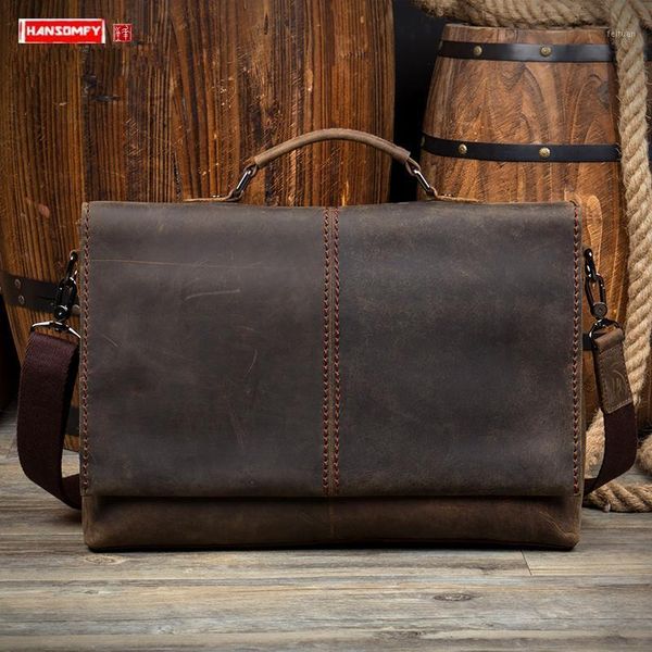

high-end leather men's briefcase business lapbag retro crazy horse leather handbags travel computer bags male1