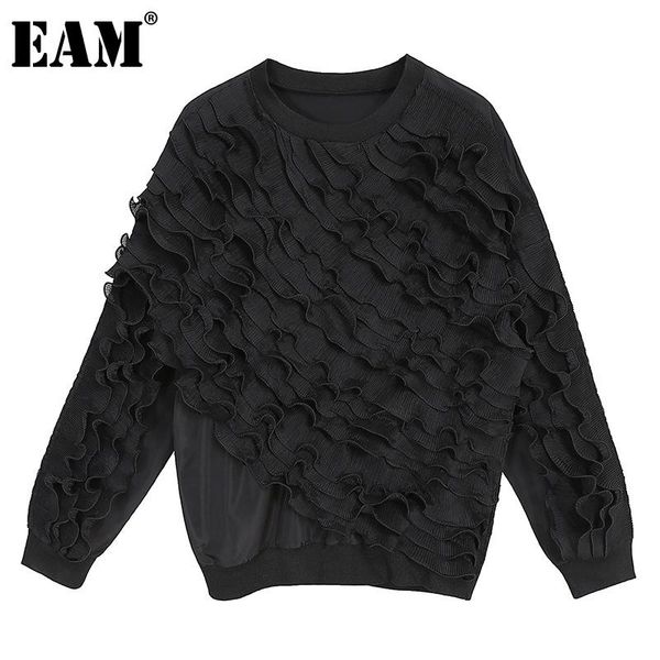 

eam] loose ruffles black knitting sweatshirt new round neck long sleeve women big size fashion tide spring autumn 2021 1dd2450