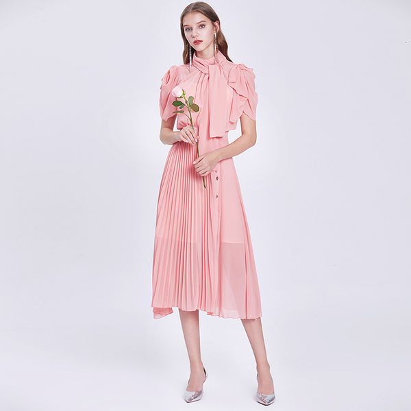 

2021 new summer women runway designer beading chiffon robe bow tie stand collar bohemian pleated vestidos ax5v, Black;gray