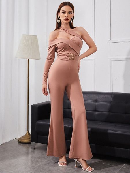 

one shoulder chain detail flare leg jumpsuit u89u#, White