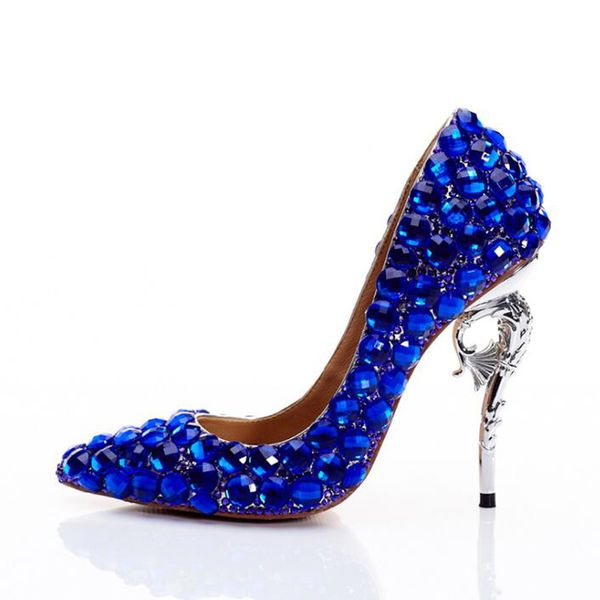 Luxury Women Bling Seahorse heel Diamond single dress shoes Strass Wedding Pumps Argento placcato tacco alto Ladies Full Royal Blue Crystal Drilled Heels