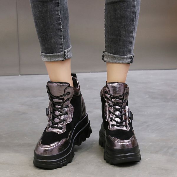 

women's rise up ankle platform new winter keep warm vulcan shoes not slip, Black