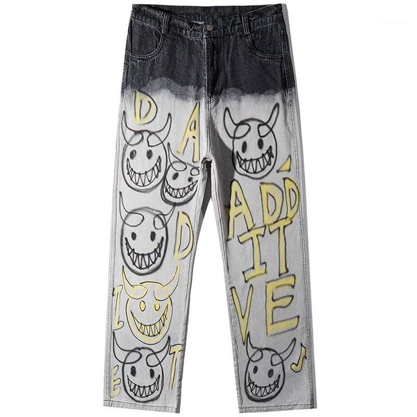

biker jeans men jean hip hop pants graffiti devil print fashion straight leg trousers dark jean vintage joggers baggy streetwear1, Blue