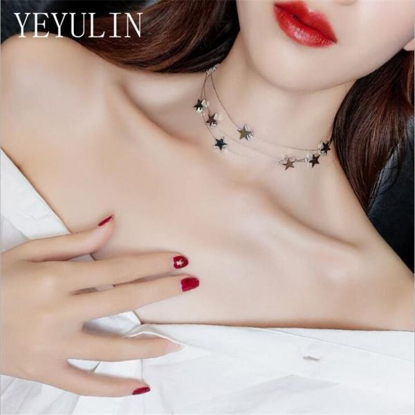 

chokers sweet five-pointed star multilayer choker necklaces for women girls simple three-layer chain necklace jewelry gifts wholesale, Golden;silver