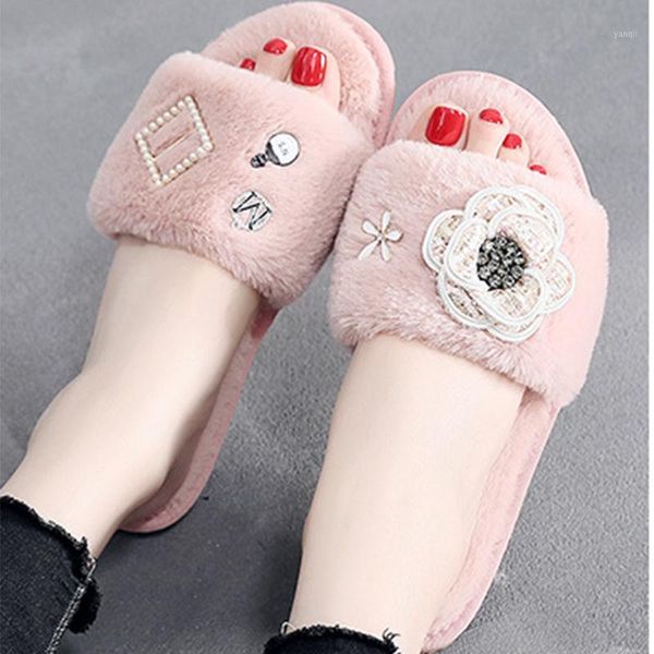 

slippers indoor comfy camellia warm furry women flat shoes crystal flower plush slides pearl cozy pantuflas de mujer 20211, Black