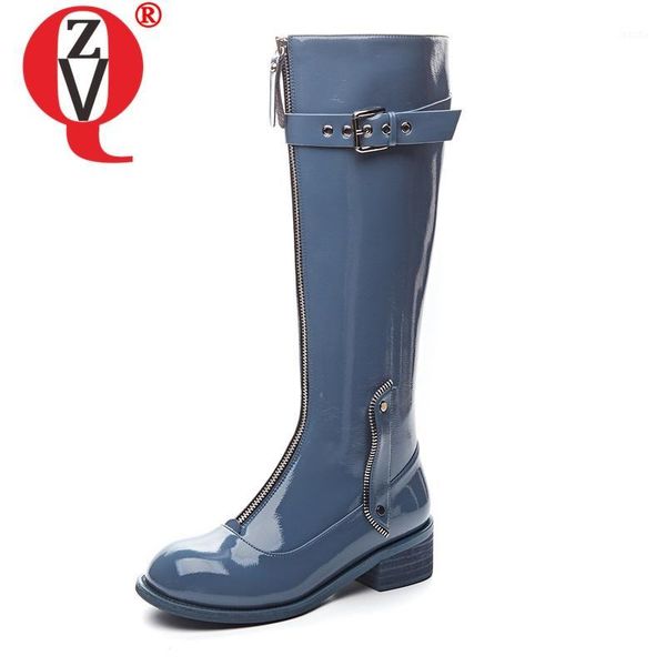

boots zvq patent leather motorcycle cool zipper woman combat autumn spring blue mid heels women's shoes knee high1, Black