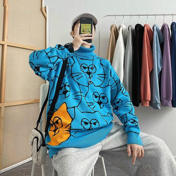 

men's collar curly sweater autumn winter one pack cat clothing 2020 sweater korean style loose standard hot, White;black