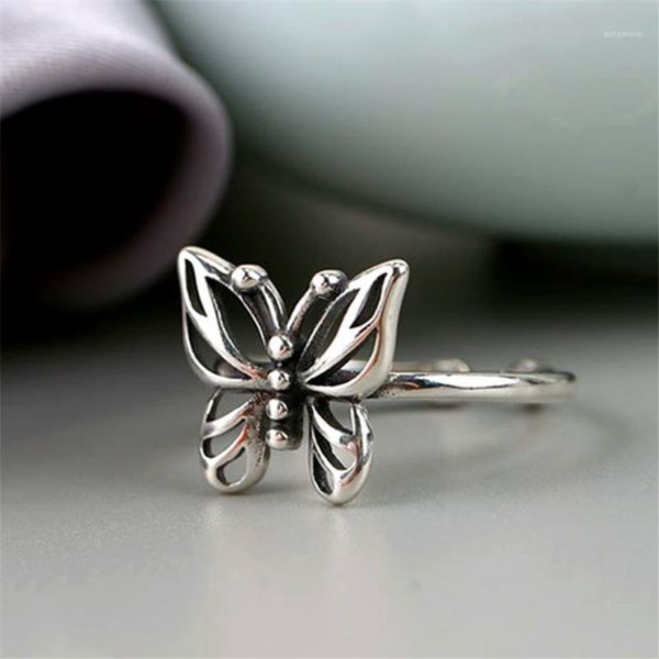 

korean style animal 925 sterling silver hollow butterfly ring big wide vintage female open rings for women jewelry ins1, Golden;silver