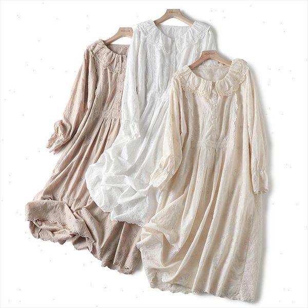 

vintage hollow out embroidery long sleeve peter pan collar loose cotton dress 2021 autumn drop shipping, Black;gray