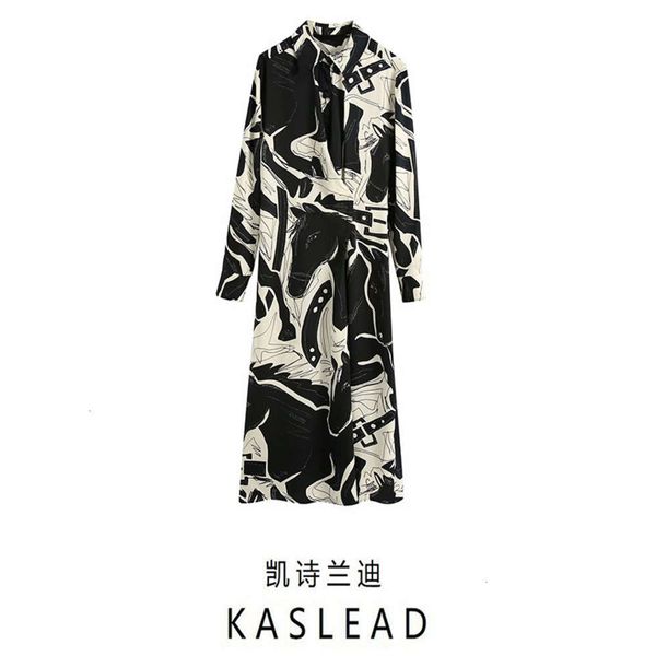 

fall 2020 new women's style print pleated mid length dress 082540712, Black;gray