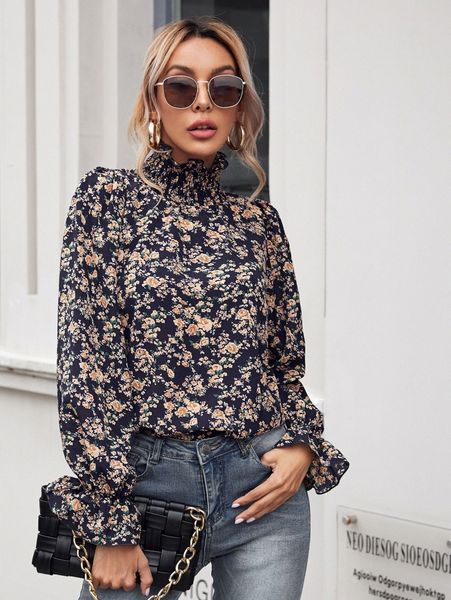 

shirred high neck flounce sleeve allover floral print p2wo#, White