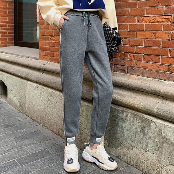 

running pants plus velvet thick gray sweatpants women's 2021 autumn and winter korean style loose thin elastic waist size guard, Black;blue