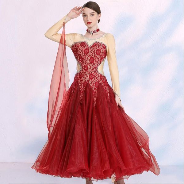 

stage wear customized lace spliced boat neck long sleeves women ballroom dance competition dress waltz tango clothes, Black;red