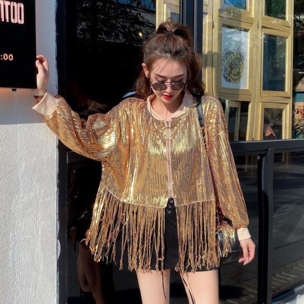 

women's jackets [ewq] brand sequins long sleeve coat women o-neck collar loose tassel fashion tide 2021 autumn gd7871, Black;brown