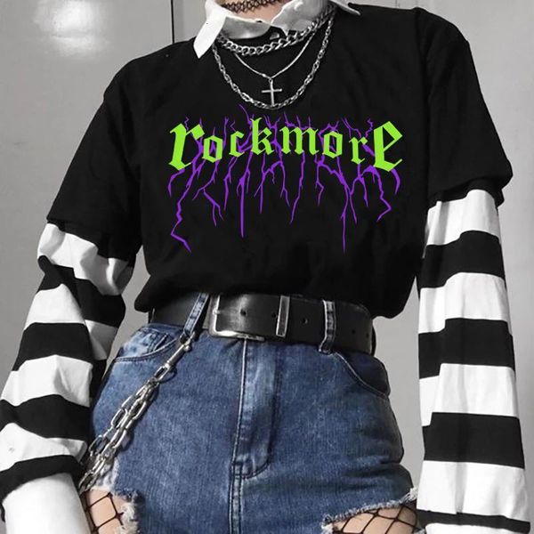 

punk gothic rockmore letter printing harajuku dark casual hip hop streetwear cool t-shirt summer vintage chic loose women, White